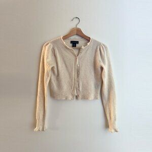 House of Harlow 1960 Cream Cashmere Cardigan – Ruffle Trim, Size XS